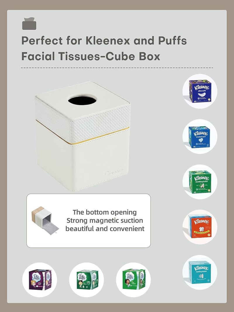 cloudever Tissue Box Holder Cover Square, Modern PU Leather Decorative Tissue Cube Holder Organizer-Woven White - Image 4